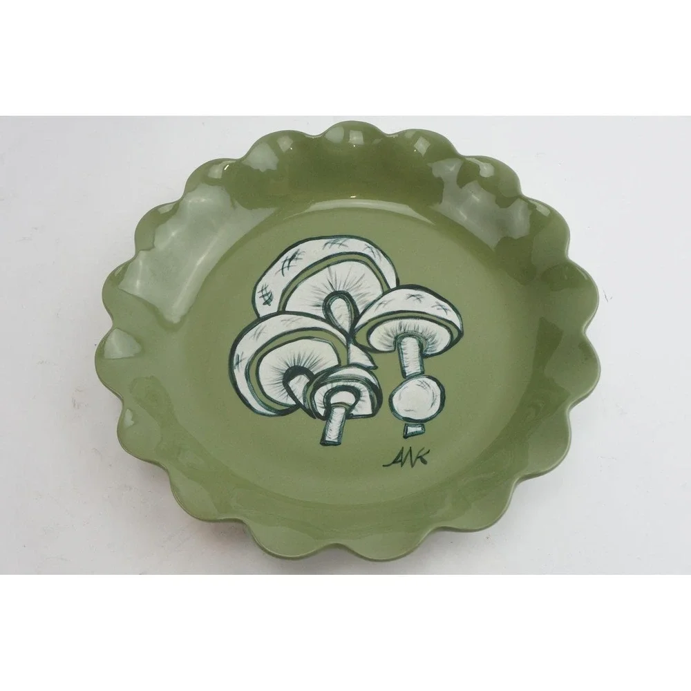 ANK‎ Ceramic Pie Dish 10.5in Green Mushroom Hand Painted 1983 Excellent